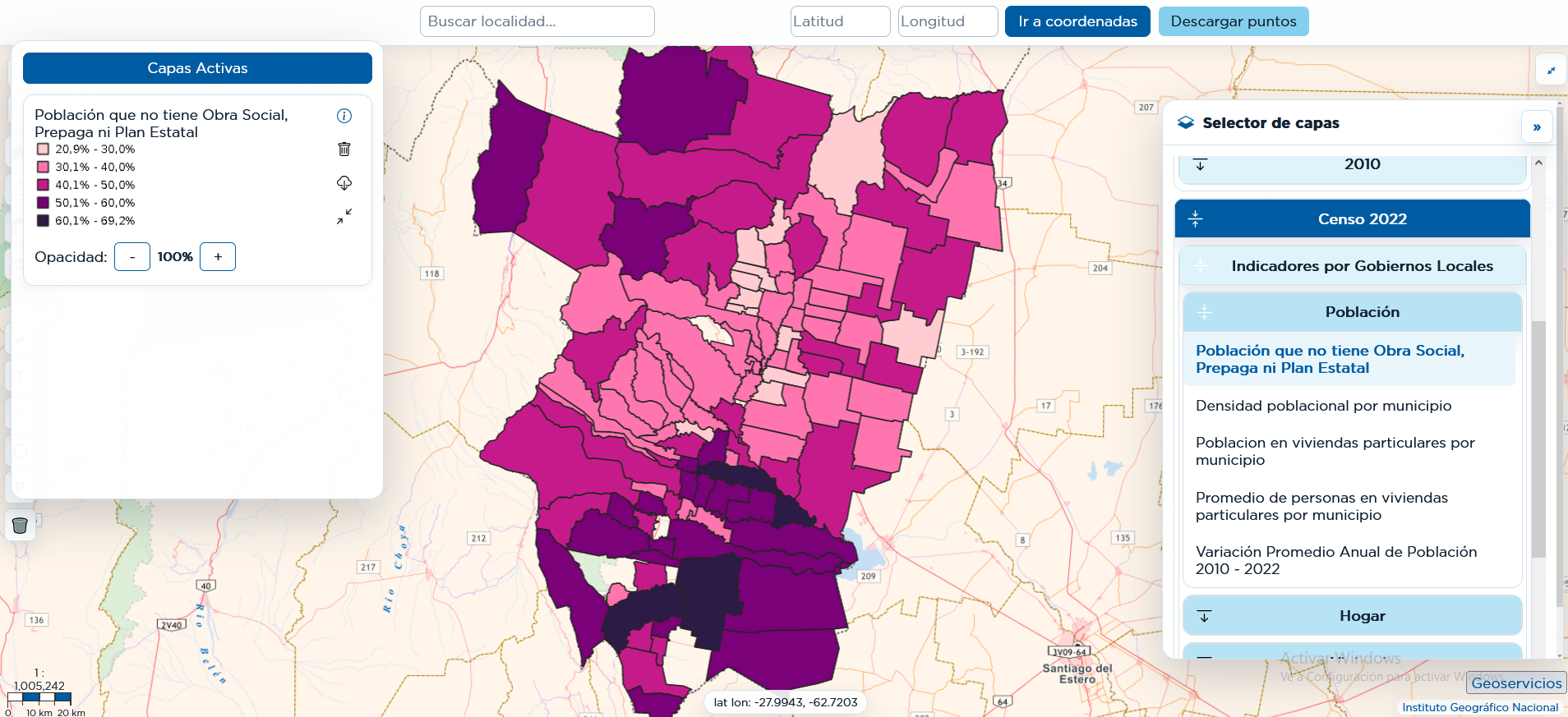 Captura del visor de mapas de Estadística Tucumán